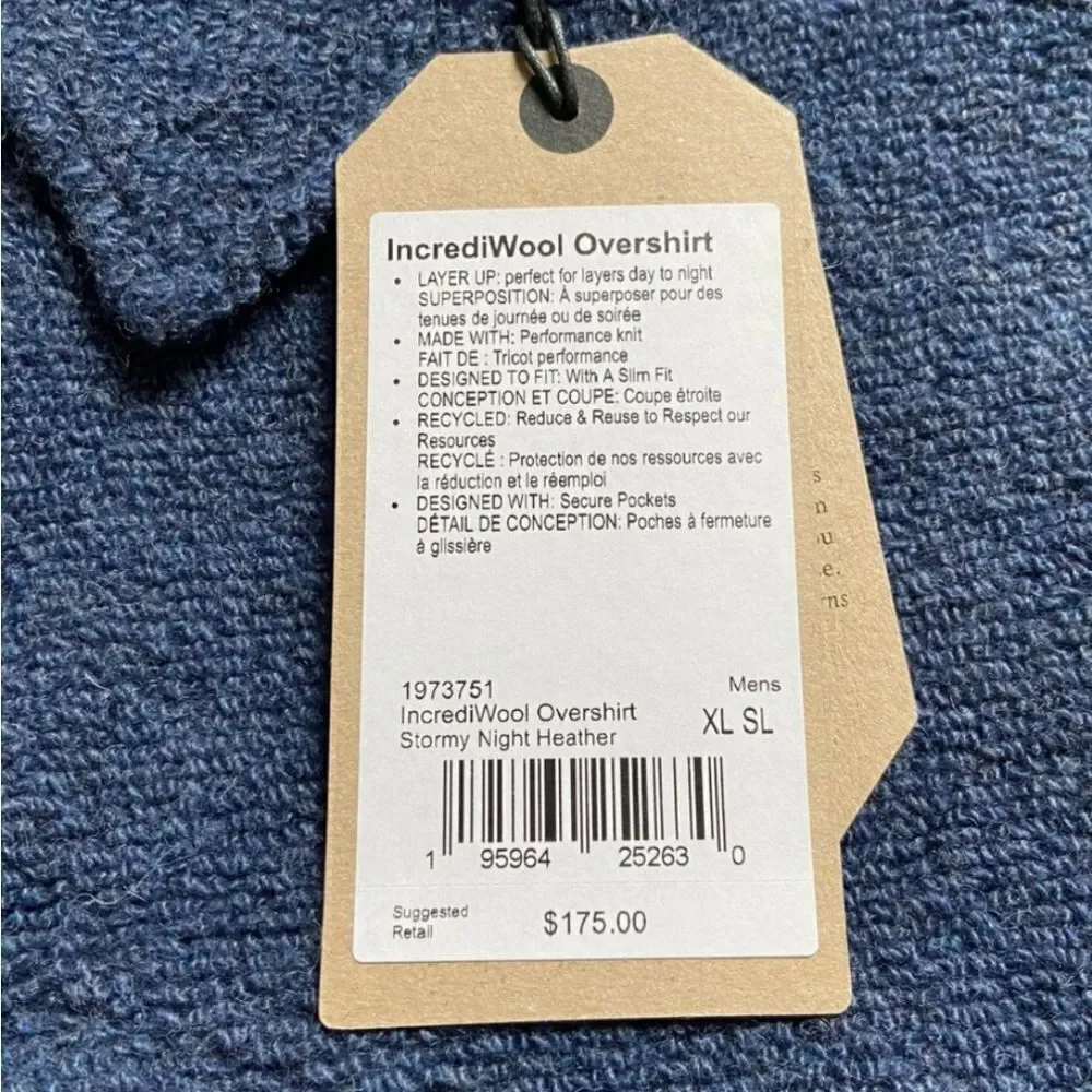 NWT Prana IncrediWool Overshirt Stormy Night Heather Jacket Blue Grey XL Slim